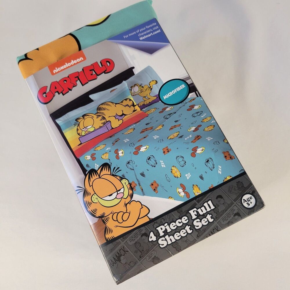 Retro Garfield Cat Odie Pooky 4pc Full Sheet Set Aqua Blue Microfiber Jim Davis